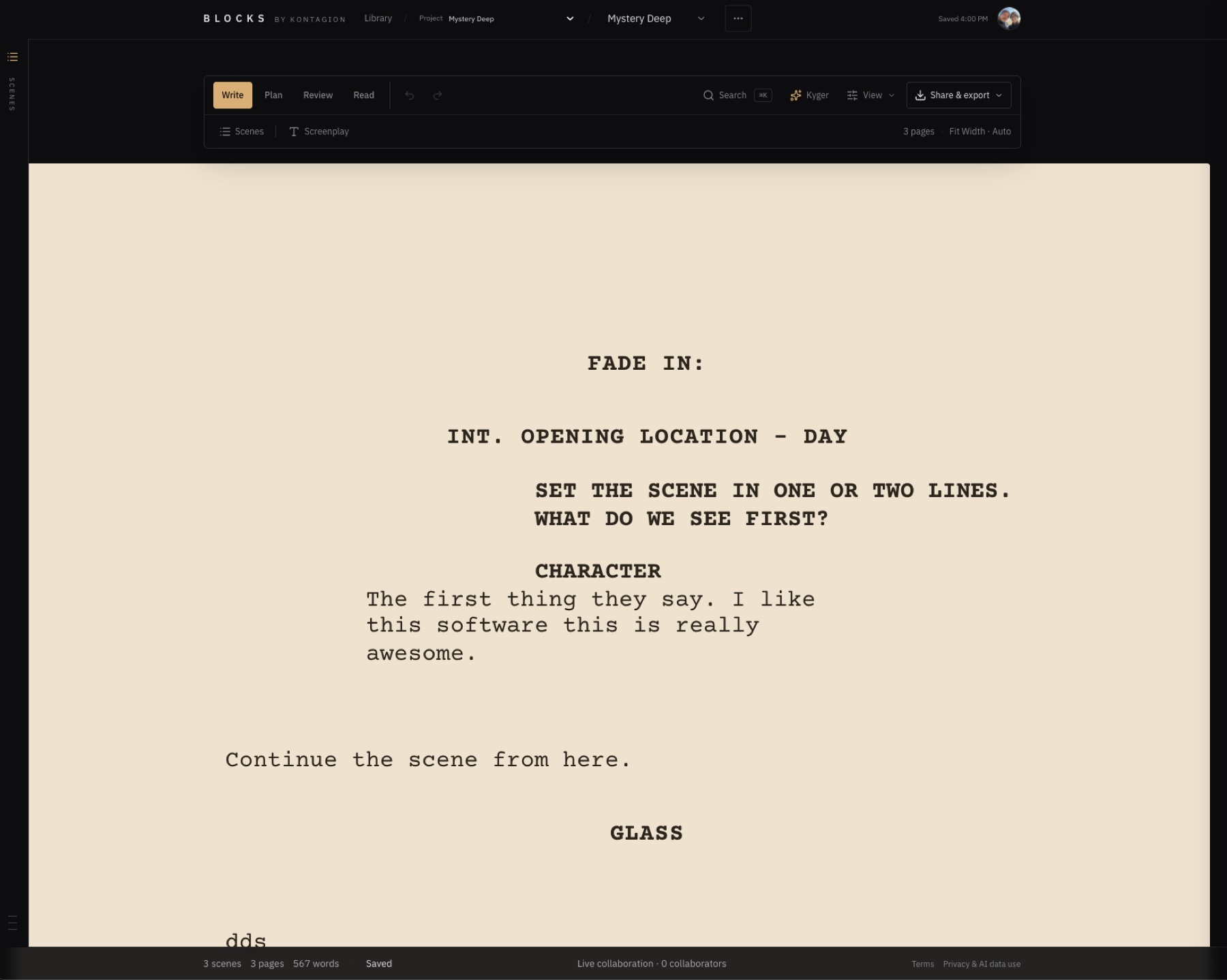 The Blocks screenplay workspace carrying the film's story into production