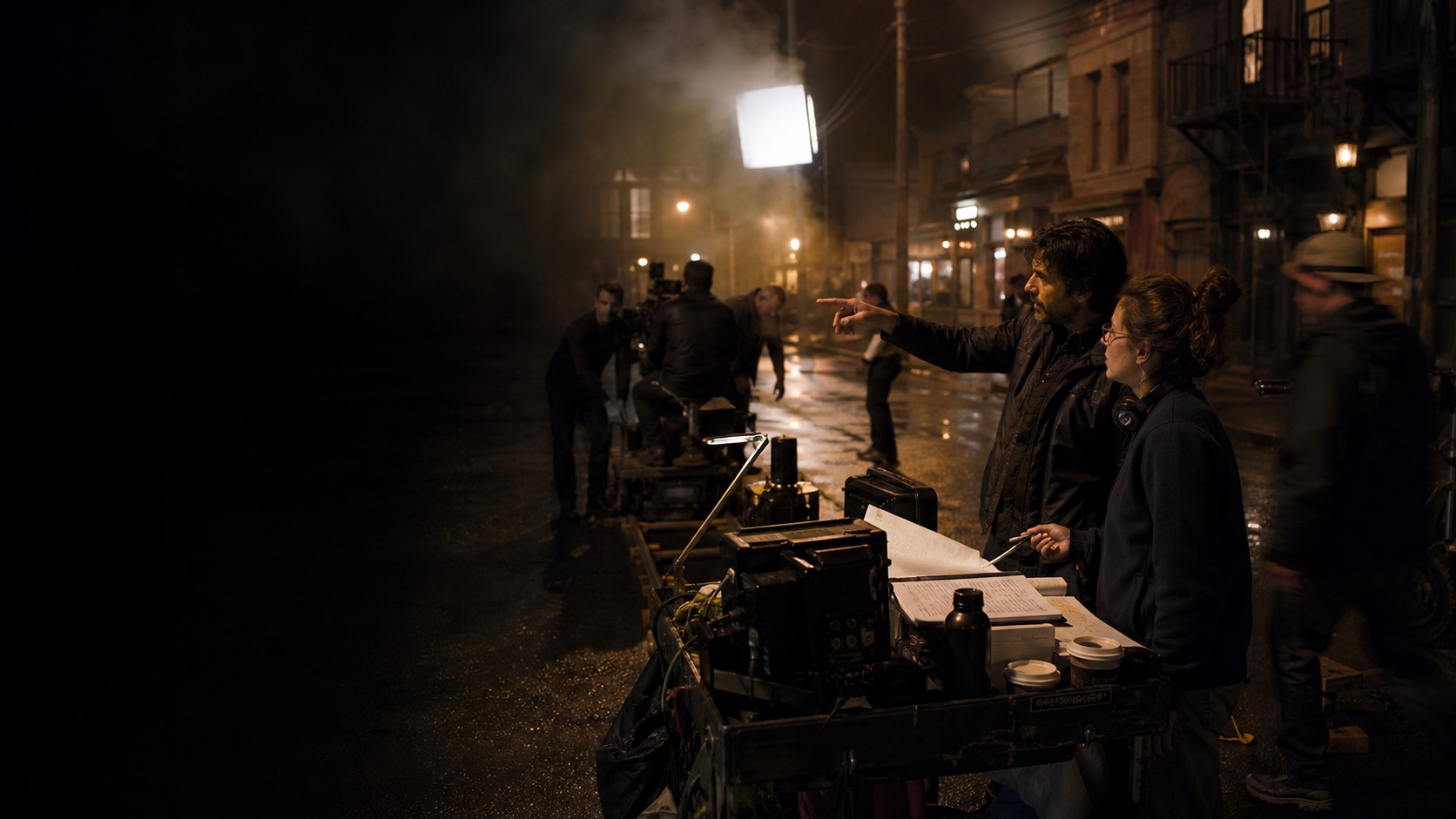 Filmmakers directing a nighttime production